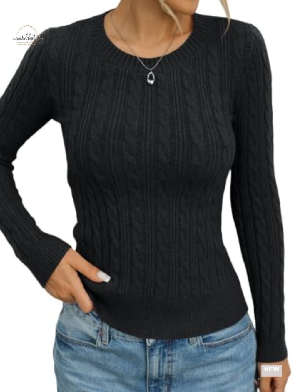 Womens Crew Neck Cable Knit Sweater Fitted Chunky Pullover Soft Stretch Knit